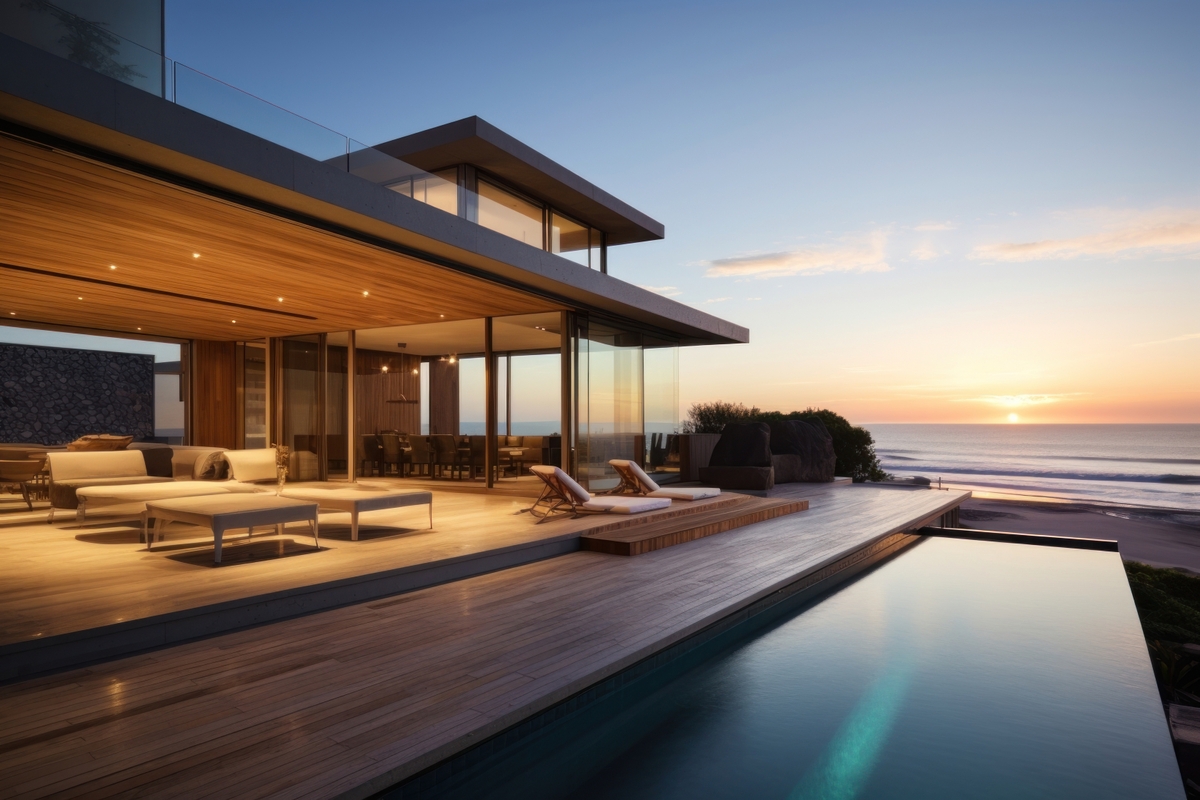 Modern beach house architecture building outdoors.